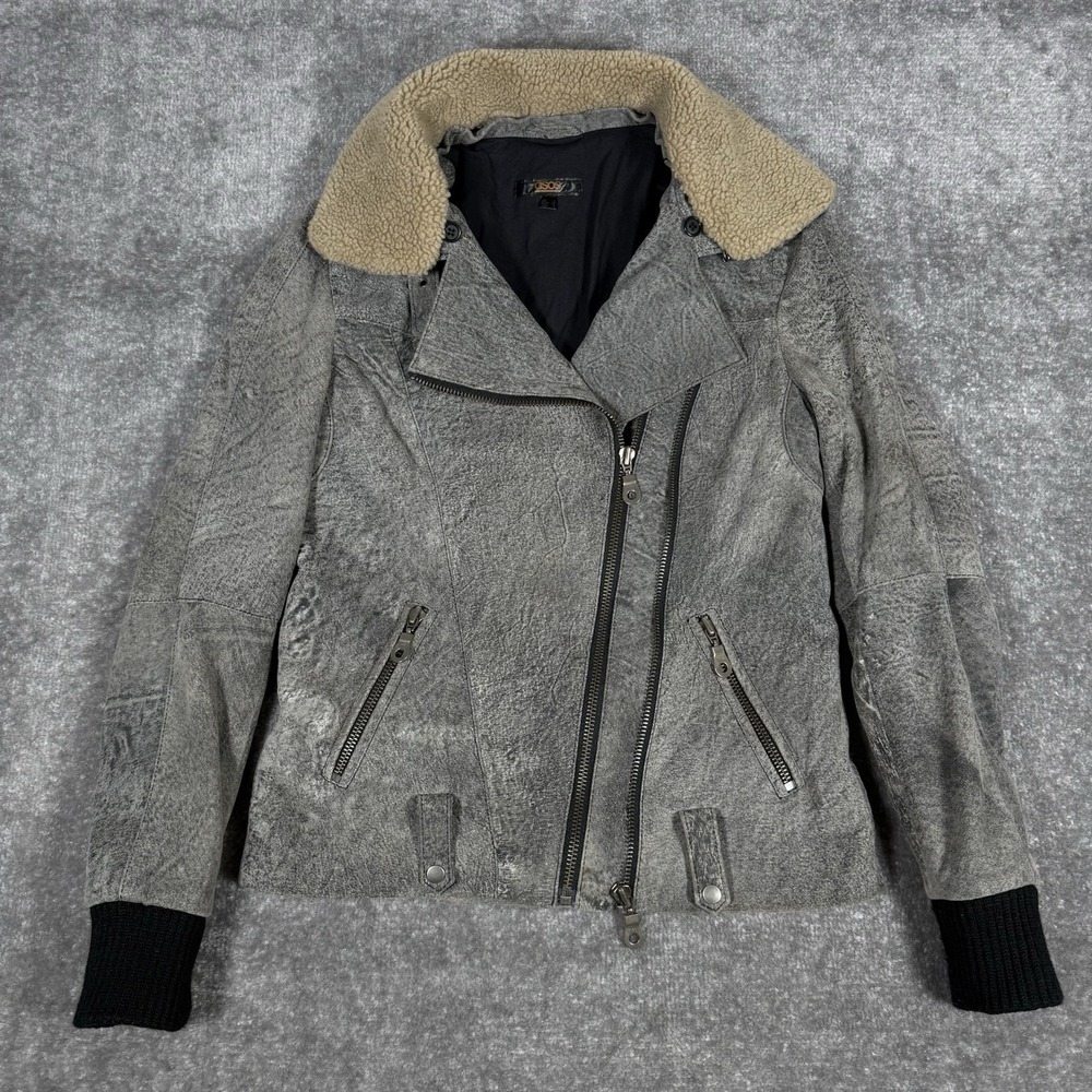 ASOS Leather Jacket Women's 4 Gray Double Zipper Moto Faux Fur Collar